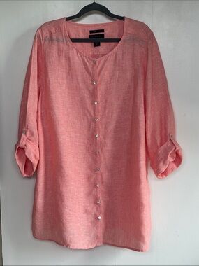 Tahari Coral-Pink Button Front Linen Tunic